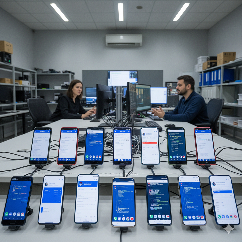 A placeholder illustration showing mobile phones being tested by professional testers.